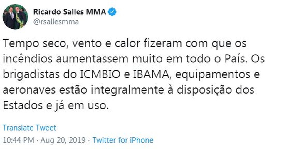 Ministro do Meio 
Ambiente, Ricardo Salles, escreve no Twitter sobre as queimadas. — Foto:
 Reprodução/Instagram/@rsallesmma