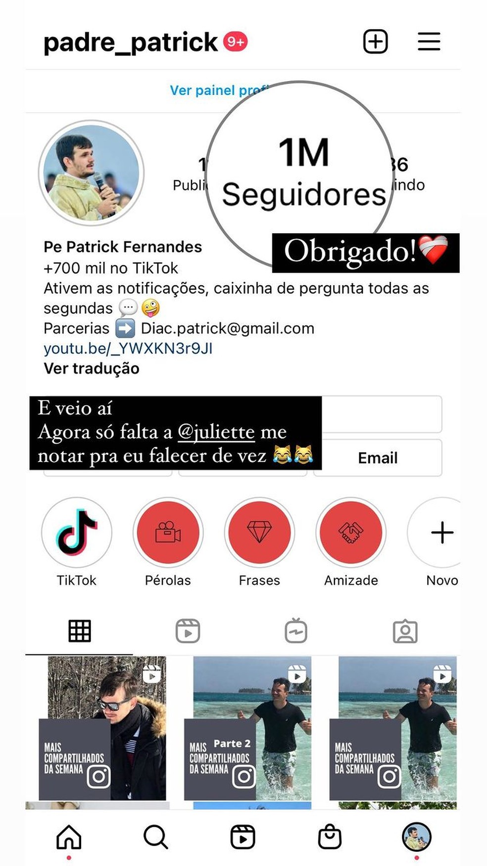 Padre Patrick Fernandes vibra com 1 milhão de seguidores  — Foto: Reprodução/Instagram