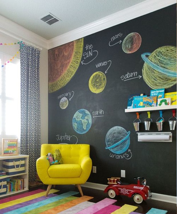 A parede toda de lousa se torna lúdica e educativa, com o desenho dos planetas (Foto: Pinterest/ Reprodução)