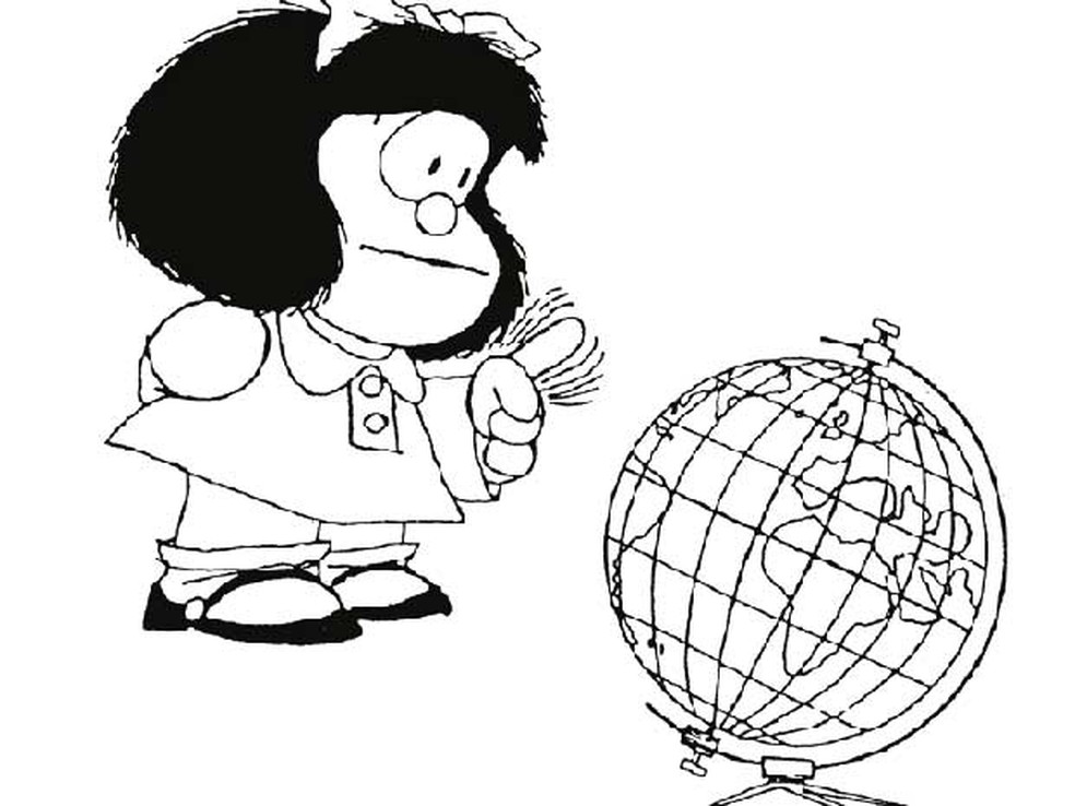 Mafalda, de Quino está em lugar destacado na exposição no Espaço Cultural Renato Russo — Foto: Reprodução/Quino