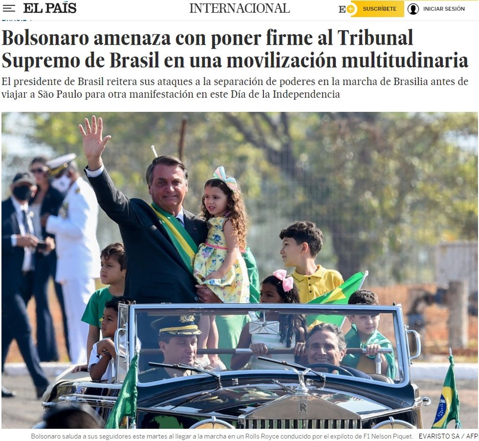 Imagem do El País em texto sobre manifestações do 7 de setembro  — Foto: Reprodução/El País