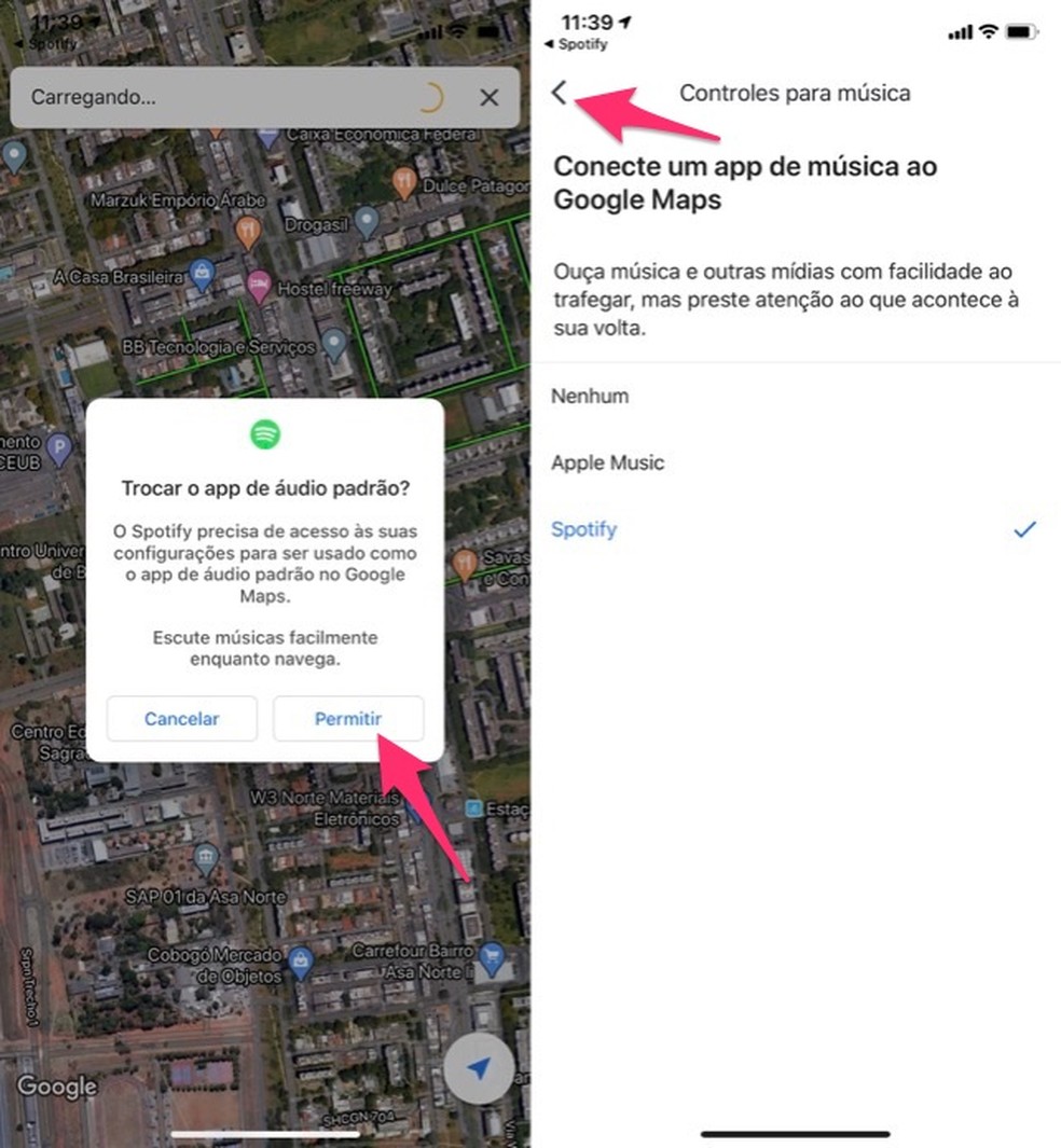 Ação para tornar o spotify o aplicativo padrão para áudio no Google Maps — Foto: Reprodução/Marvin Costa