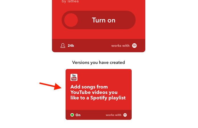 Caixa que mostra que o serviço IFTTT para enviar curtidas do YouTube para uma playlist do Spotify está ativado (Foto: Reprodução/Marvin Costa)