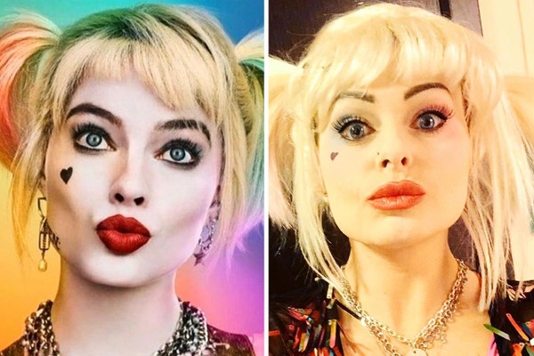 Margot Robbie na sua personagem Arlequina (à esq.) vs. Amanda Hall (Foto: Reprodução/Instagram)