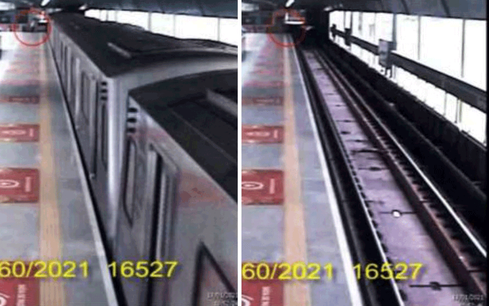 Fotos feitas a partir do vídeo do Metrô mostram Pepita Geraldes ao fundo da plataforma de embarque (no círculo em vermelho) durante a passagem da composição e depois ela não aparece mais quando o trem passa — Foto: Reprodução/Polícia Técnico-Científica de SP