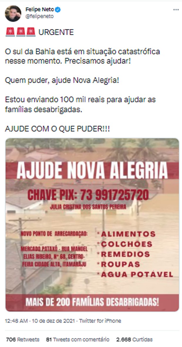 Felipe Neto tenta ajudar sul da Bahia após fortes chuvas (Foto: Reprodução/Twitter)