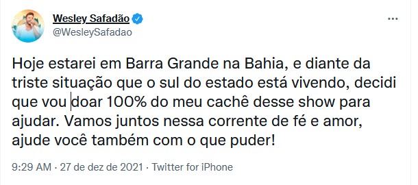 Wesley Safadão faz doação de cachê para a Bahia (Foto: Reprodução/Twitter)