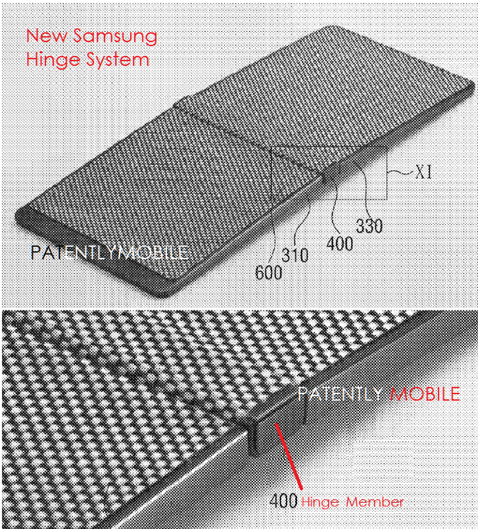 Celular proposto na patente teria mecanismo com dobradiças no meio e material flexível sob a tela (Foto: Reprodução/USPTO)