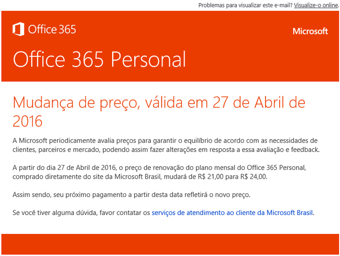 Microsoft emitiu comunicado sobre novos preços para usuários do Office 365 (Foto: Reprodução/Filipe Garrett)