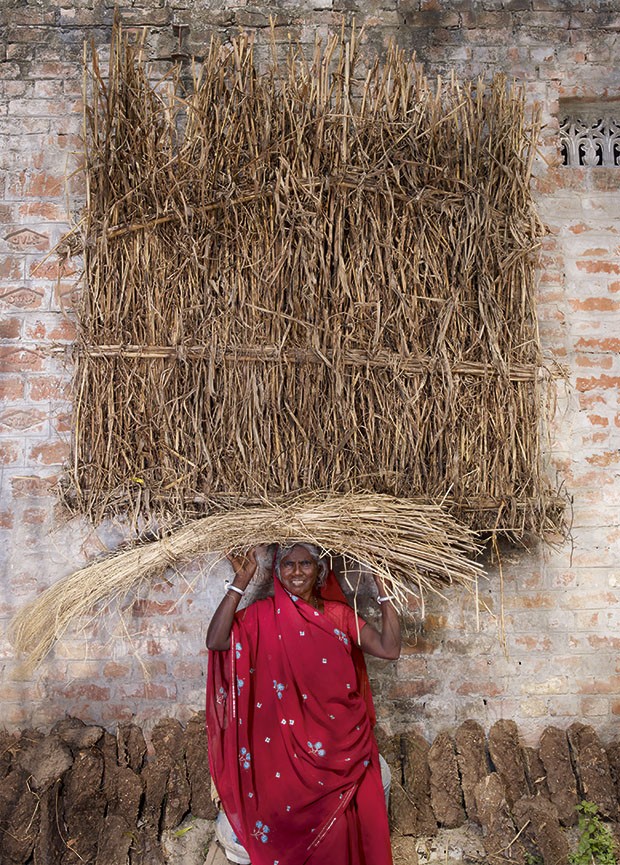 Mulheres carregam pesos da cabeça: Red Basanti, da Índia, e seu bloco de feno (Foto: Floriane de Lassée)
