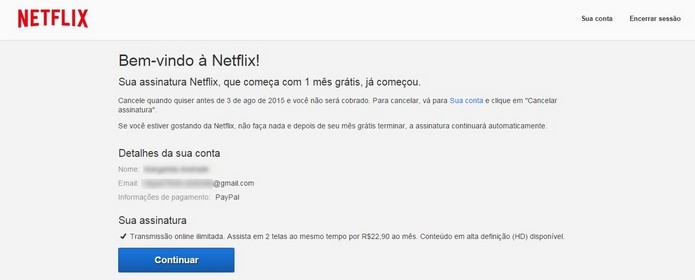 Mensagem de confirmação da assinatura do Netflix via PayPal (Foto: Reprodução/Raquel Freire)