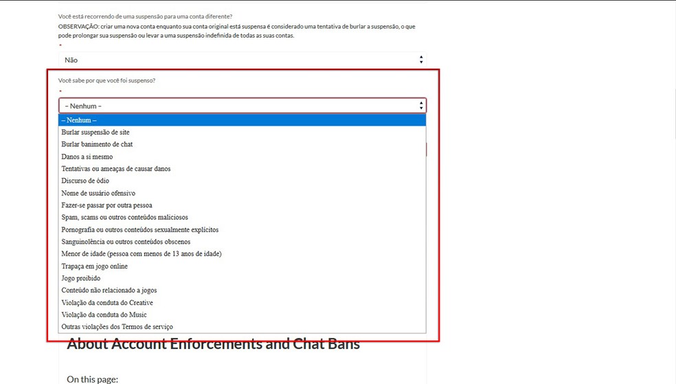 Marque o motivo da suspensão da conta na Twitch — Foto: Reprodução/Leandro Eduardo