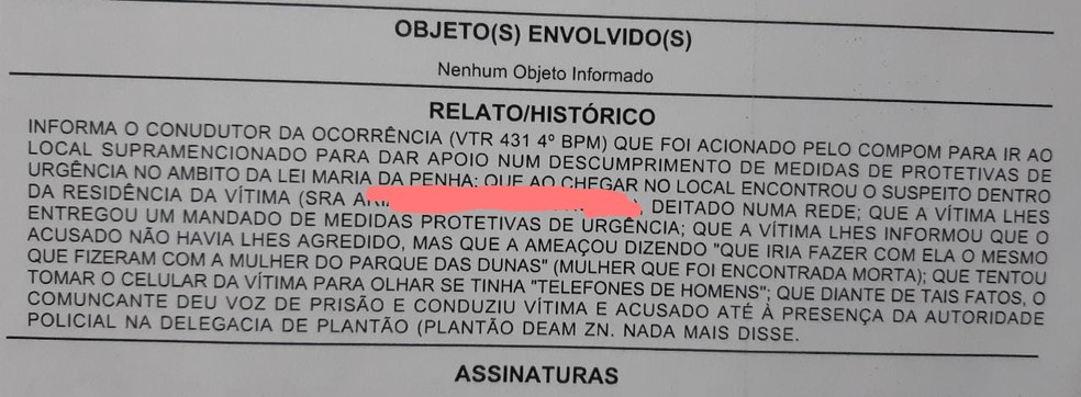 Boletim de ocorrÃªncia registrado pela vÃ­tima relata ameaÃ§as do ex-companheiro â€” Foto: SÃ©rgio Henrique Santos/Inter TV Cabugi