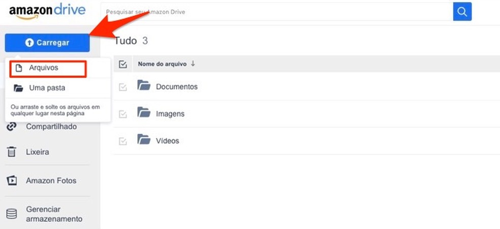 Ação para usar a ferramenta para upload de arquivos do serviço Amazon Drive — Foto: Reprodução/Marvin Costa