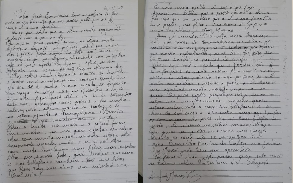 Homem escreve carta de arrependimento após roubar carro de pastor em Goiânia, Goiás — Foto: Divulgação/Polícia Civil