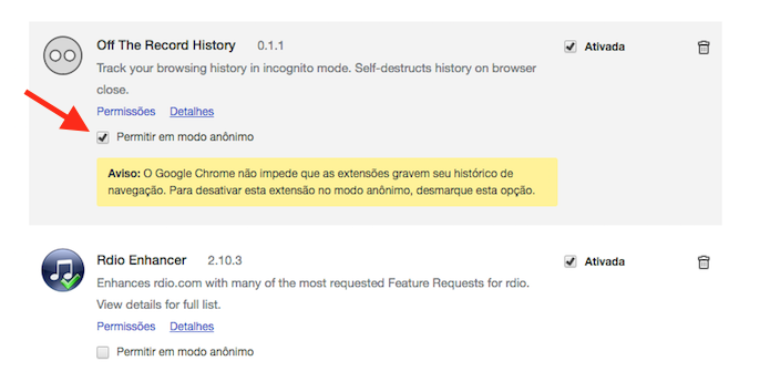 Ativando a extensão Off The Record History para o modo anônimo do Google Chrome (Foto: Reprodução/Marvin Costa)