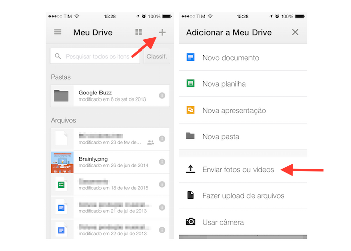 Acessando a ferramenta de upload de imagens e vídeos do Google Drive para iPhone (Foto: Reprodução/Marvin Costa)