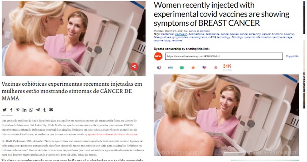 É #FAKE que vacina contra a Covid-19 provoca câncer de mama — Foto: Reprodução