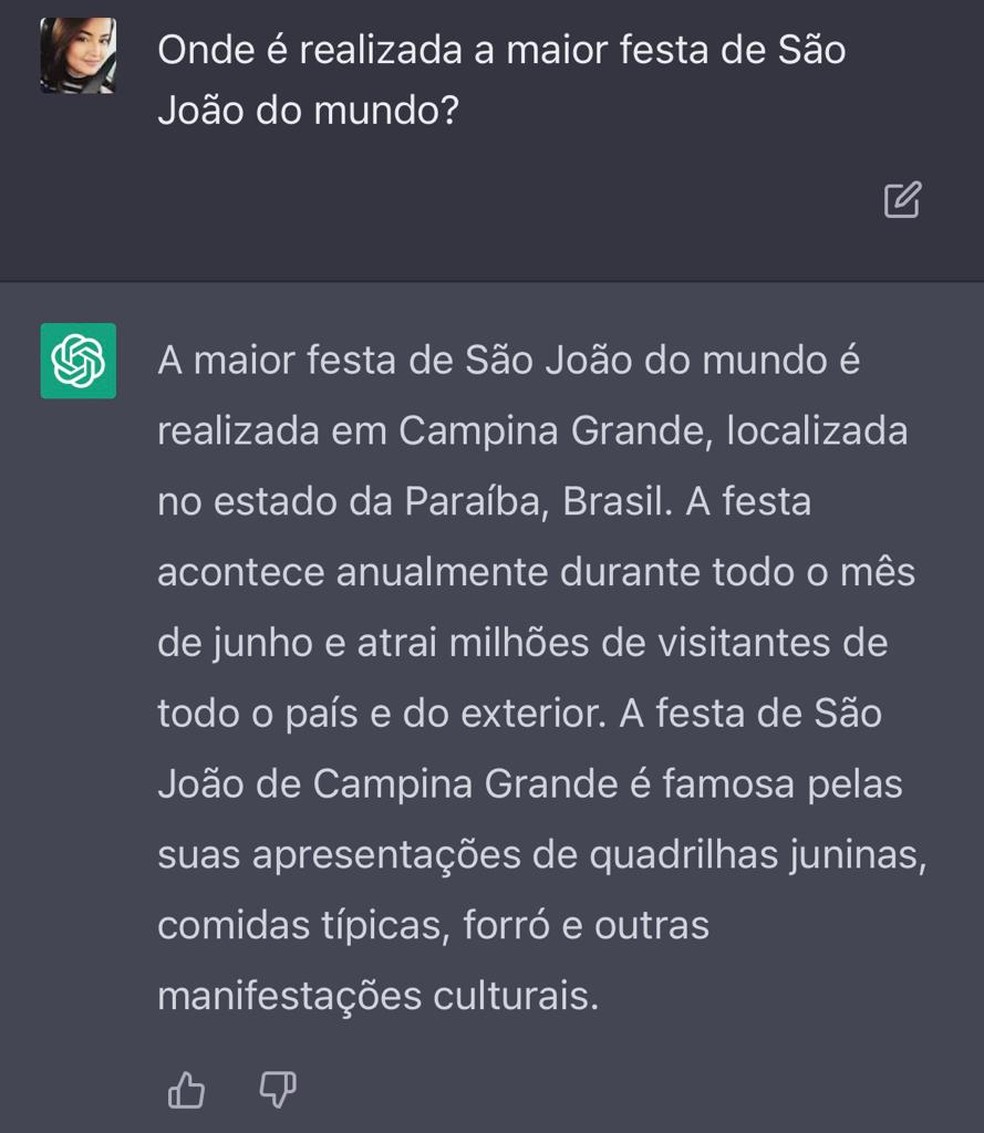 ChatGPT responde onde  realizada a maior festa de So Joo do mundo  Foto: Reproduo/ChatGPT