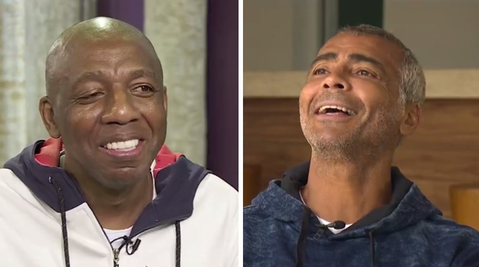 Amaral e Romário se divertem relembrando o elástico de 1999 — Foto: Reprodução / Globo Esporte