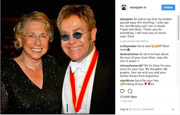 O post no Instagram no qual Elton John anuncia a morte de sua mãe de 92 anos (Foto: Instagram)