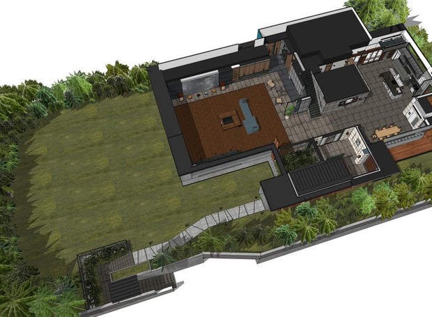 Desenho do projeto arquitetônico do primeiro andar e do jardim da mansão do filme Parasita (Foto: Neon/CJ Enm Corporation. Baruson E&A All Rights Reserved)