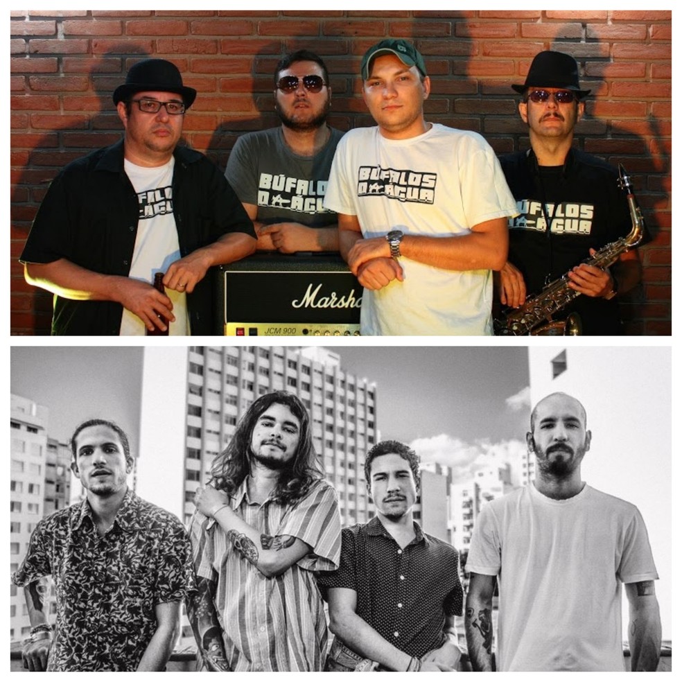 Banda Búfalos D'água (foto de cima) e De um Filho, de Um Cego (foto de baixo), fazem show no sábado (16) em Londrina — Foto: Divulgação