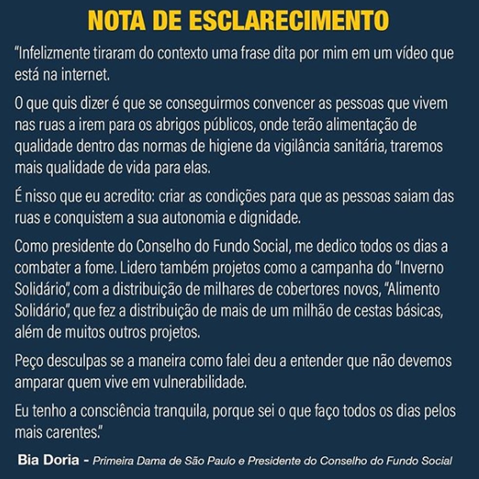 Bia Doria pede desculpas — Foto: Reprodução