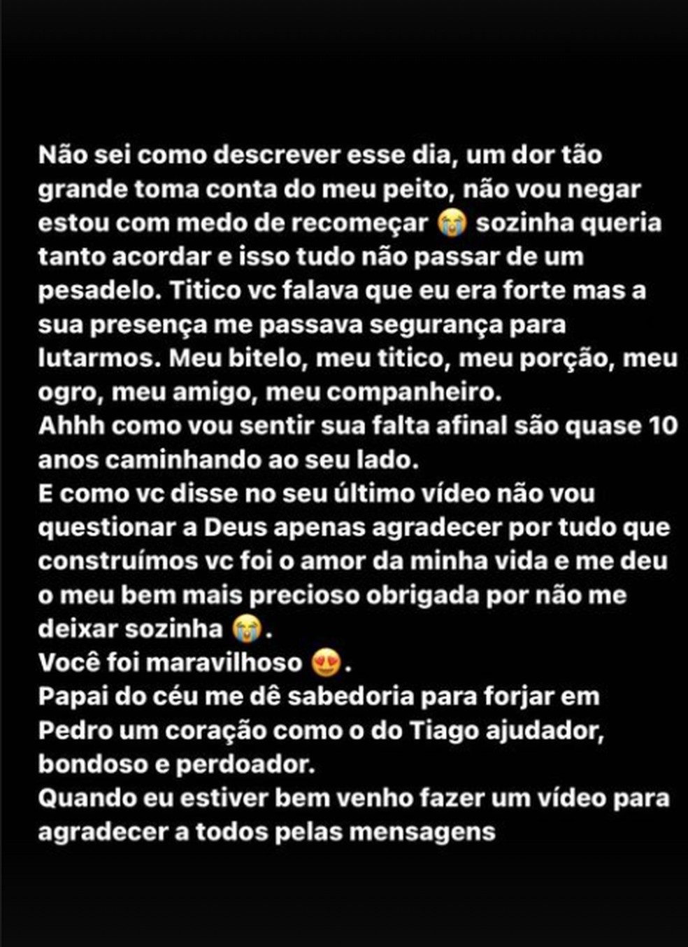 Mensagem de Lorrane, esposa do humorista Tiago Brito — Foto: Reprodução Instagram