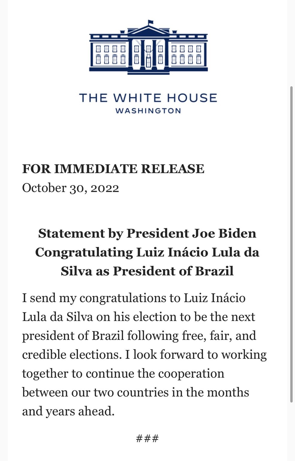 Comunicado de Joe Biden parabenizando Lula — Foto: Casa Branca
