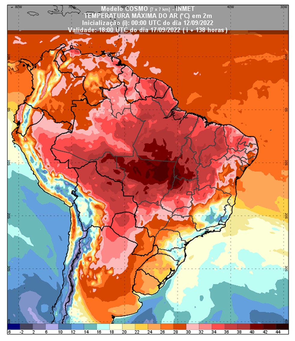 Previsão de temperatura mínima para o dia 17 de setembro de 2022 às 15h. — Foto: Inmet