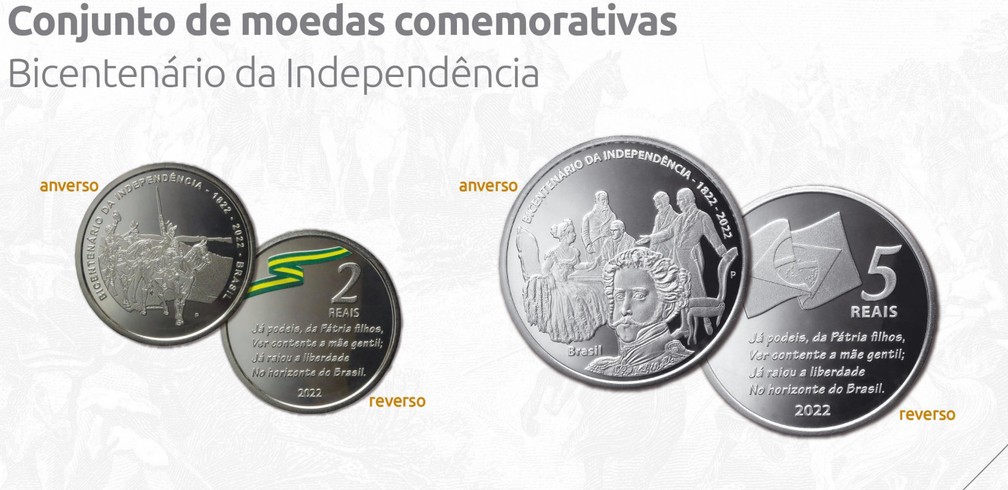 Moedas comemorativas lançadas pelo Banco Central pelo bicentenário da Independência — Foto: Banco Central/Reprodução