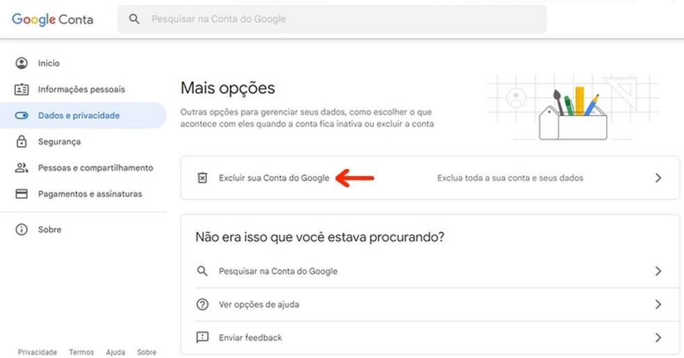 Opção de exclusão da conta Google — Foto: Reprodução/Raquel Freire