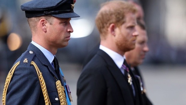 Príncipes William e Harry caminhando lado a lado durante o funeral da avó, a rainha Elizabeth II (Foto: Reprodução/Twitter)