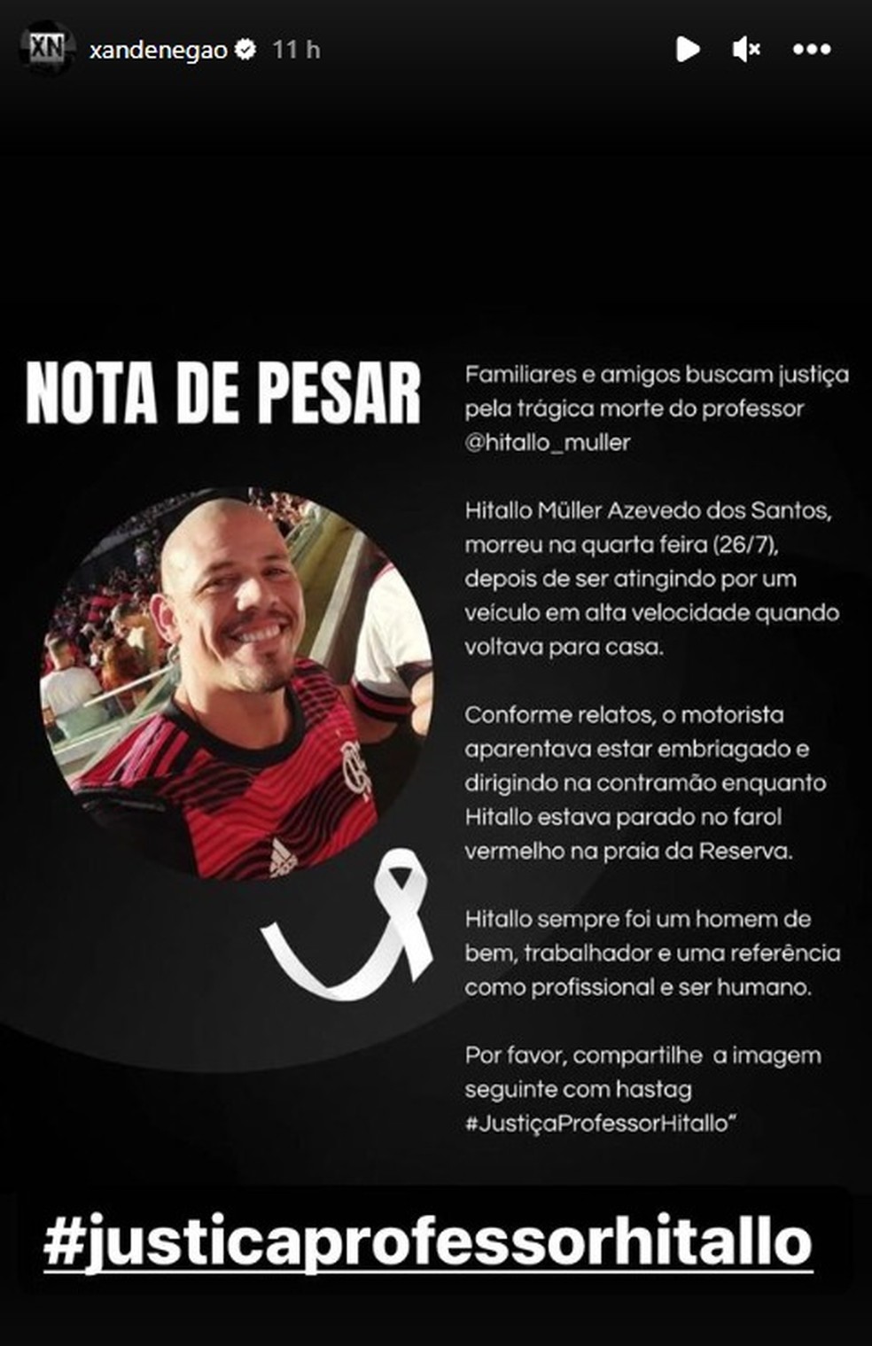 Amigo publica nota de pesar e cobra justiça pela morte de Hitallo Müller — Foto: Reprodução/Instagram