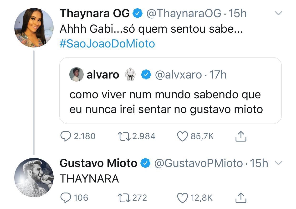 Thaynara OG e Gustavo Mioto (Foto: Reprodução/Twitter)