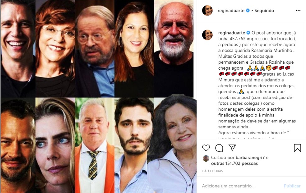 Em rede social, atriz Regina Duarte agradece apoio de supostos apoiadores — Foto: Reproduçao/Instagram