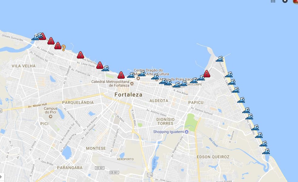Áreas próprias para banho no litoral de Fortaleza entre os dias 16 e 17 de dezembro (Foto: Reprodução/Semace)