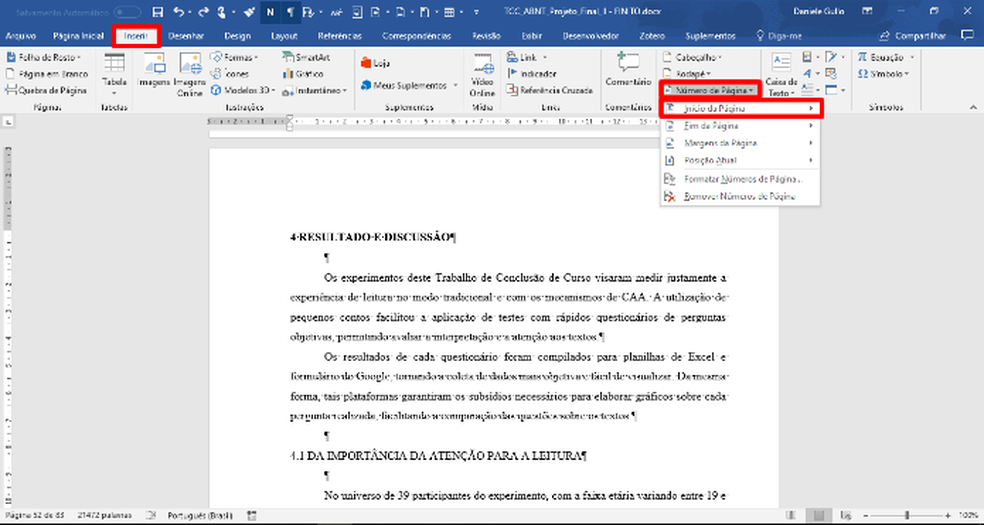 Na aba "Inserir", clique em "Número de Página" e na opção marcada para paginar o documento — Foto: Reprodução/Daniel Ribeiro
