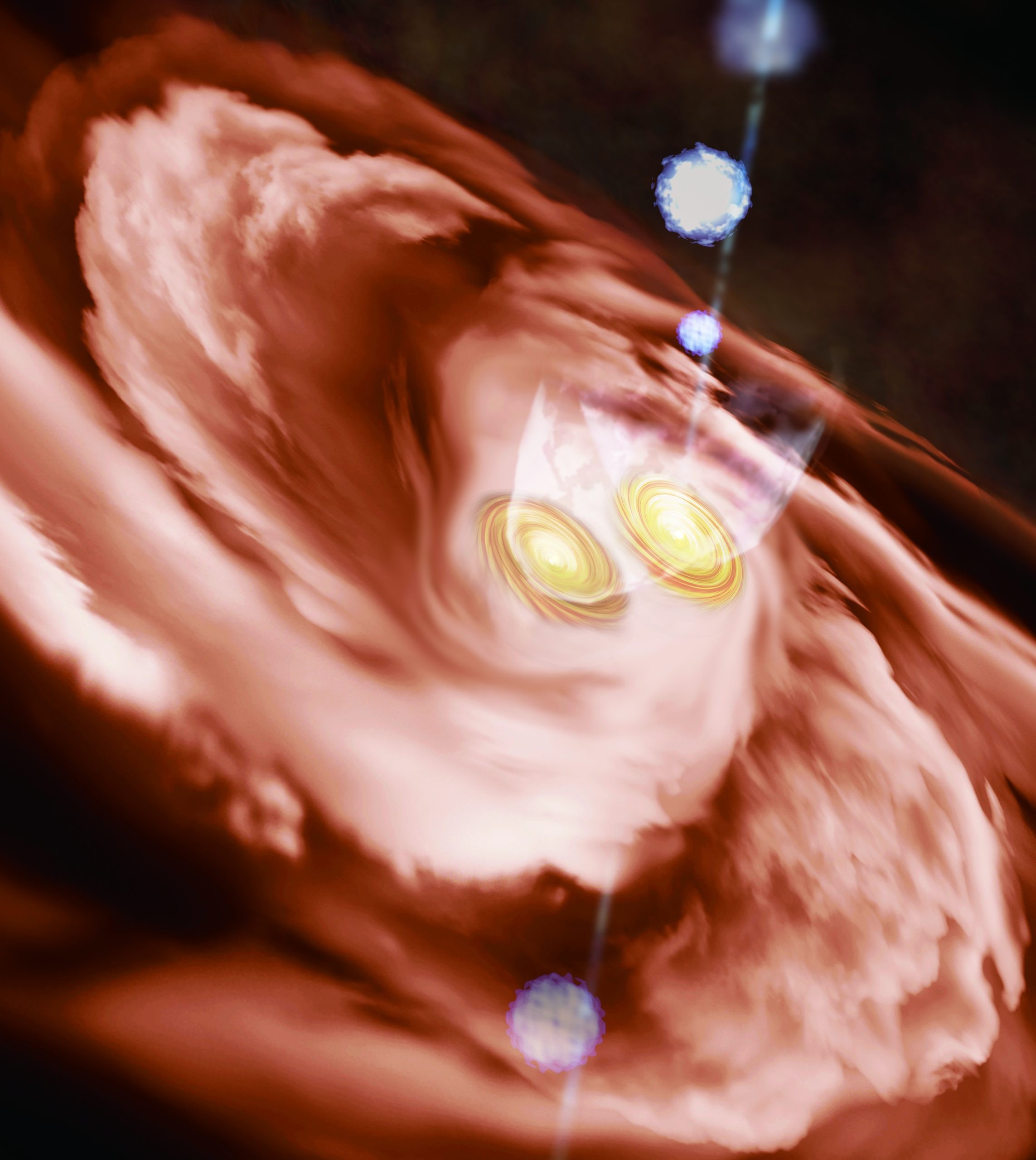 Impressão artística de par de jovens estrelas massivas circundadas por vapor de água salgada (Foto: ALMA (ESO/NAOJ/NRAO))