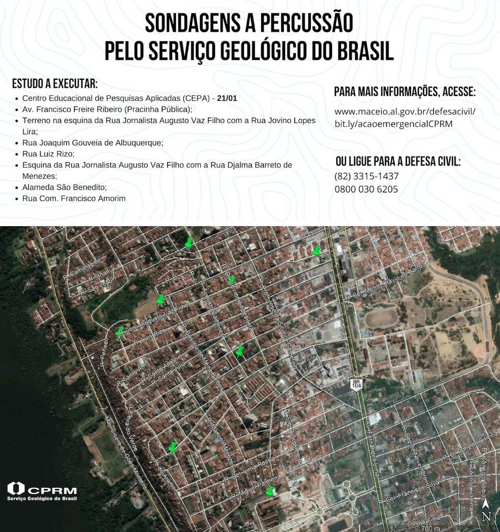 Mapa mostra locais onde serão feitos estudos de perfuração do solo no bairro do Pinheiro, em Maceió — Foto: Divulgação/CPRM