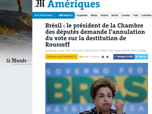 Jornal francês Le Monde destaca anulação da votação do impeachment de Dilma Rousseff (Foto: Le Monde)