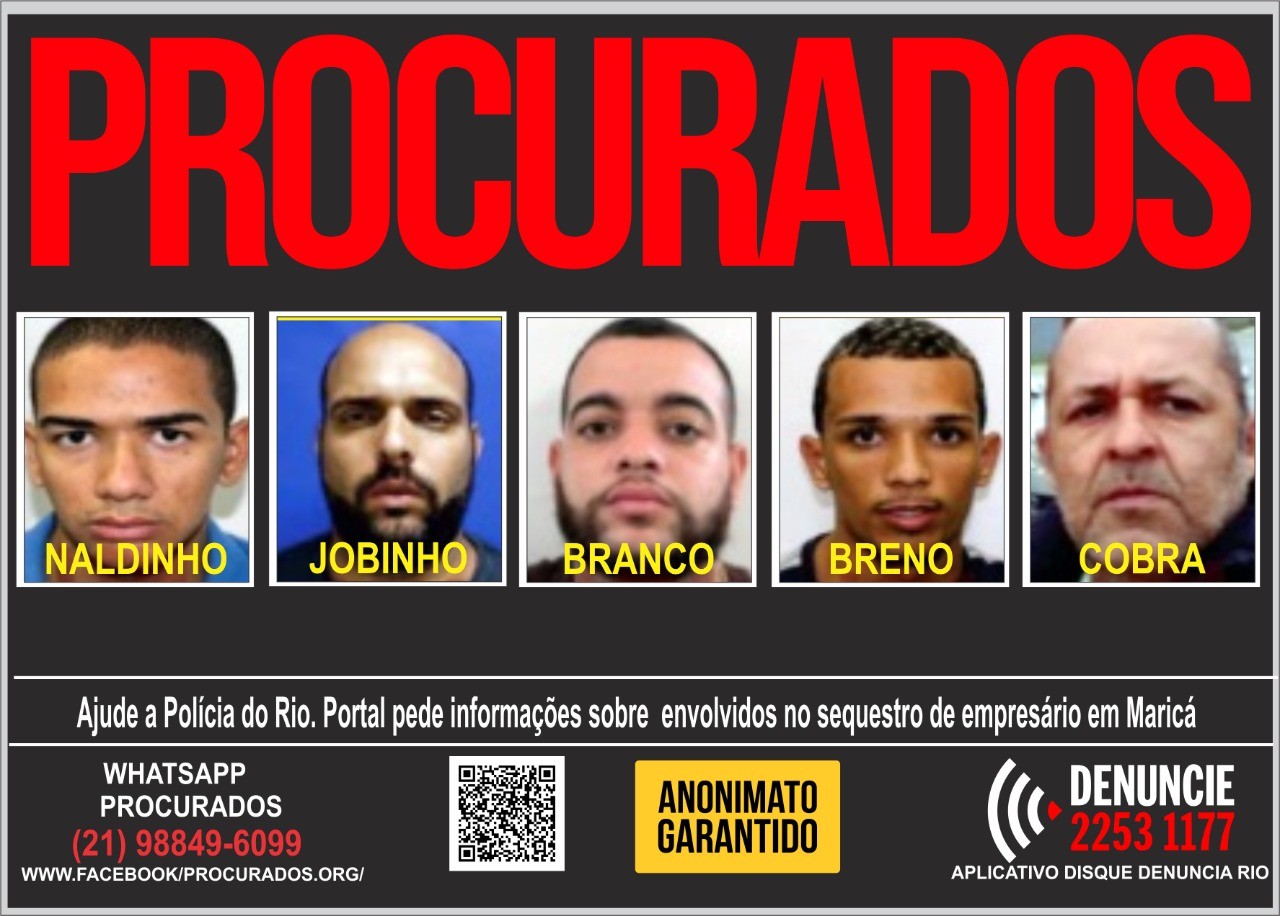 Portal dos Procurados divulga cartaz para tentar encontrar cinco suspeitos de sequestro a empresário em Maricá, no RJ