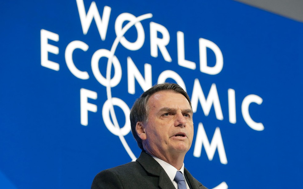 O presidente Jair Bolsonaro discursou nesta terÃ§a (22) no FÃ³rum EconÃ´mico Mundial, em Davos â€” Foto: Markus Schreiber/AP