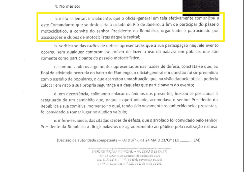 Trecho do procedimento aberto contra o ex-ministro Eduardo Pazuello em que o então comandante do Exército admite ter sido comunicado previamente — Foto: Reprodução
