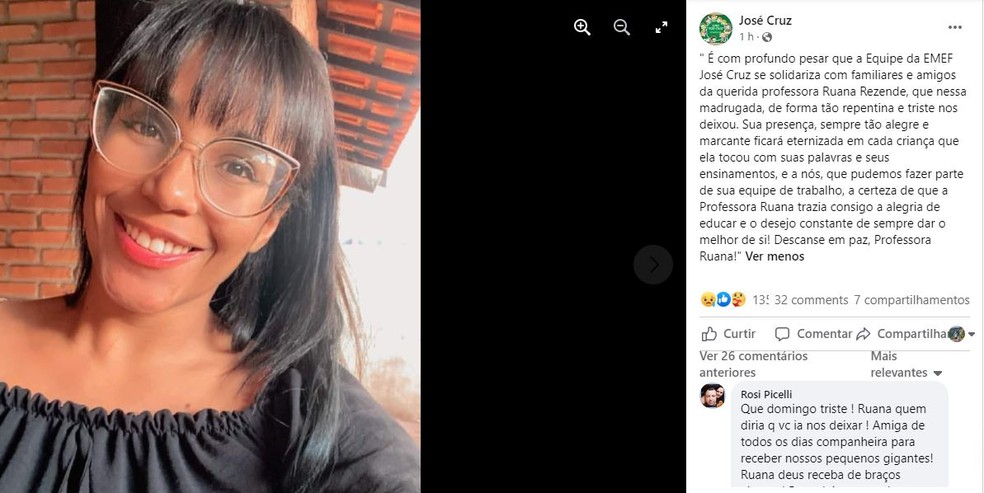 Morte de professora causou diversas manifestações de pesar nas redes sociais — Foto: Reprodução/Facebook