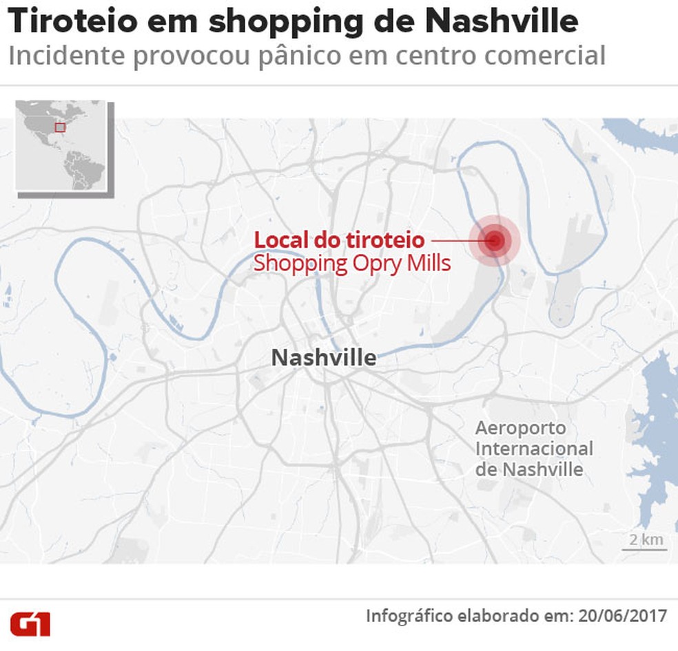 Mapa mostra local do tiroteio em shopping de Nashville, nos EUA (Foto: Betta Jaworski/ Arte G1)