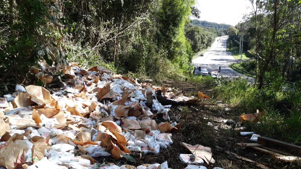 Caminhão carregado com açúcar perde freio e cai em barranco em rodovia de São Roque (SP) — Foto: São Roque Notícias/Divulgação
