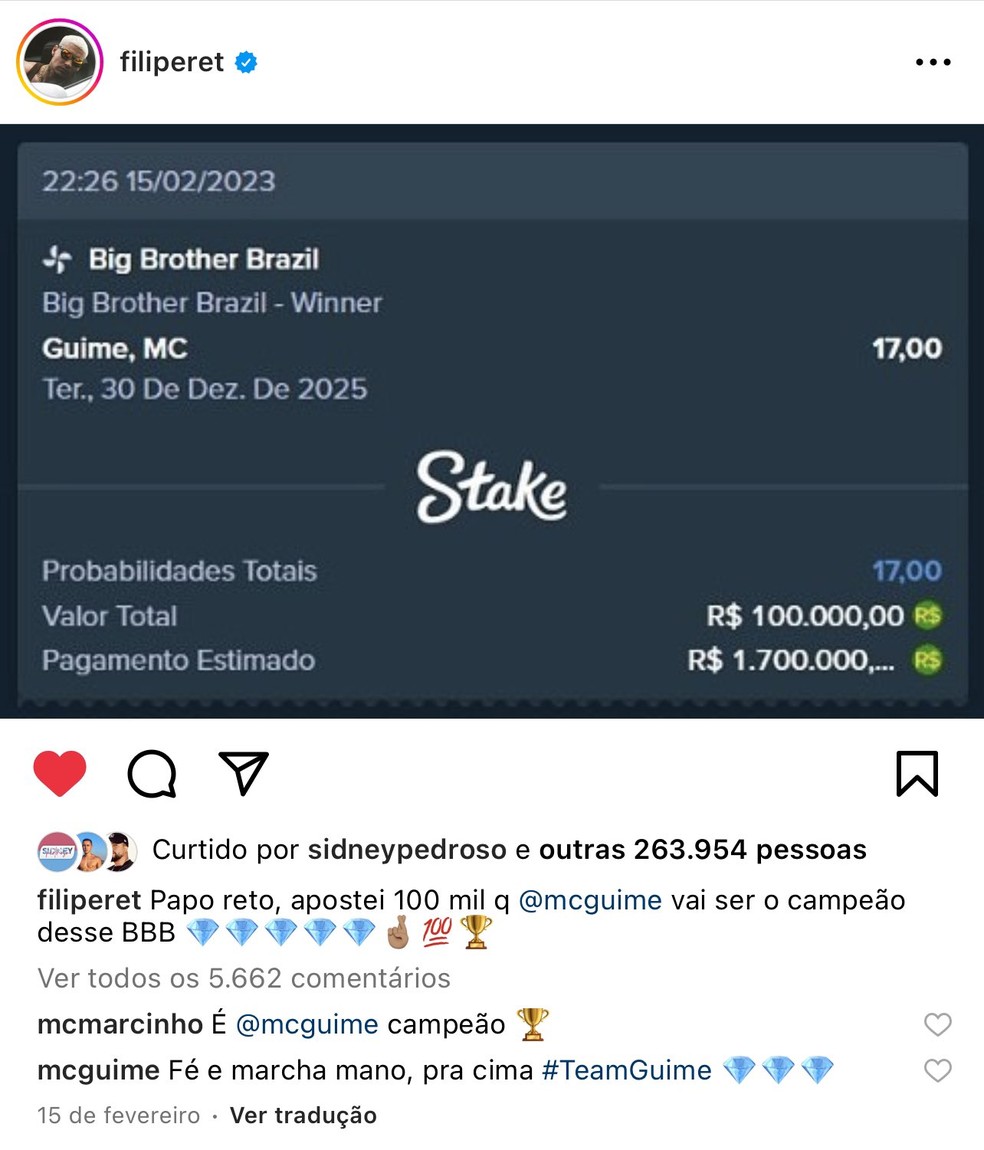 Filipe Ret mostrou no dia 15 de fevereiro o recibo da aposta de R$ 100 mil em MC Guimê no BBB — Foto: Reprodução