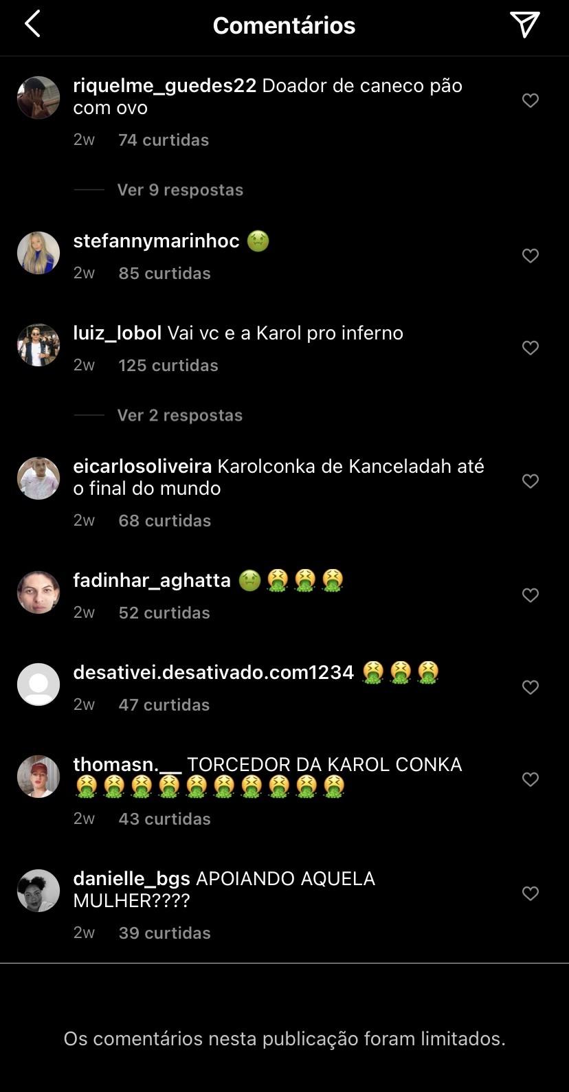 Comentários nos perfis de apoiadores da Karol (Foto: Instagram)